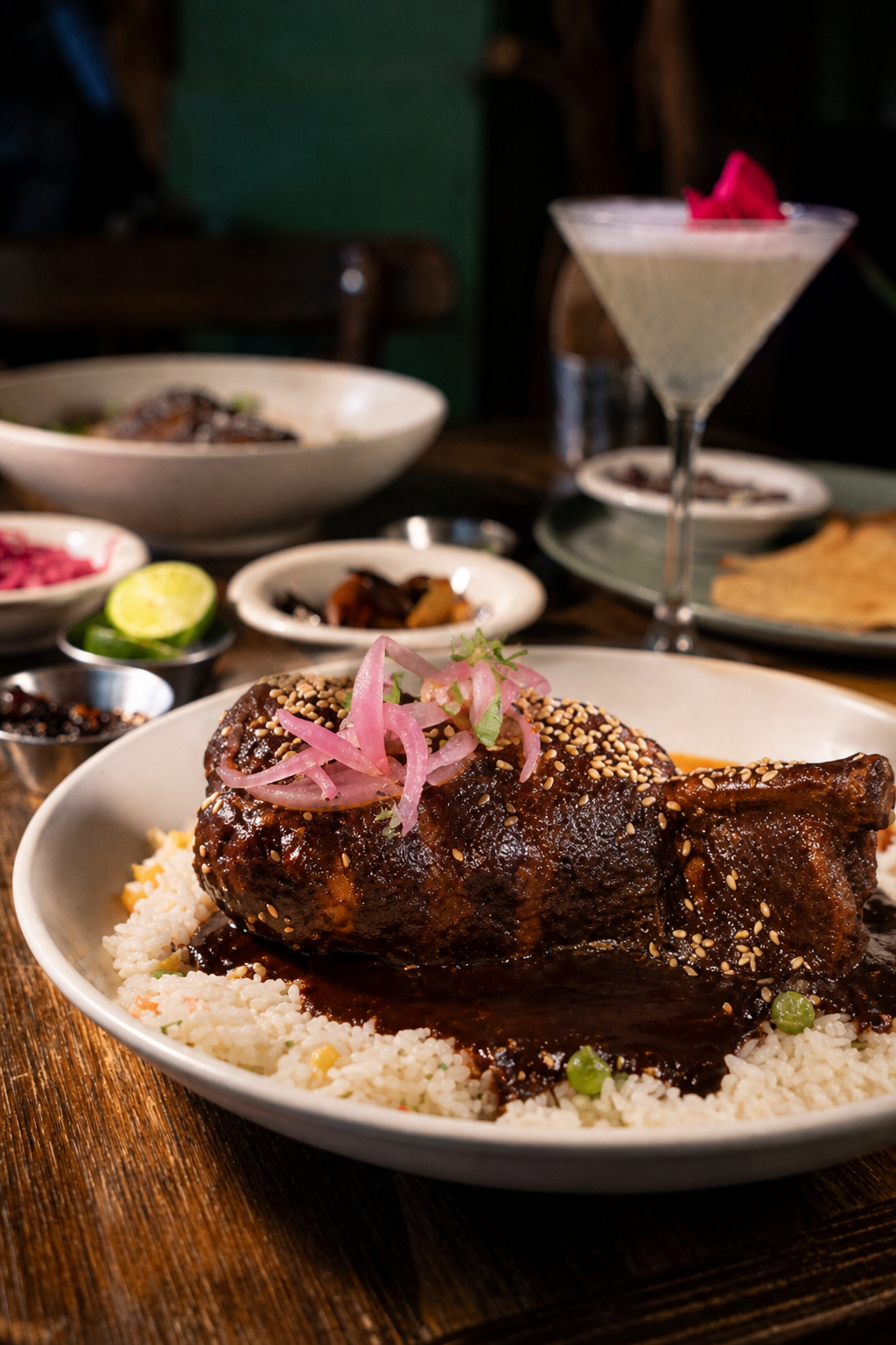 Chamorro en mole con arroz blanco y encurtido de cebolla morada