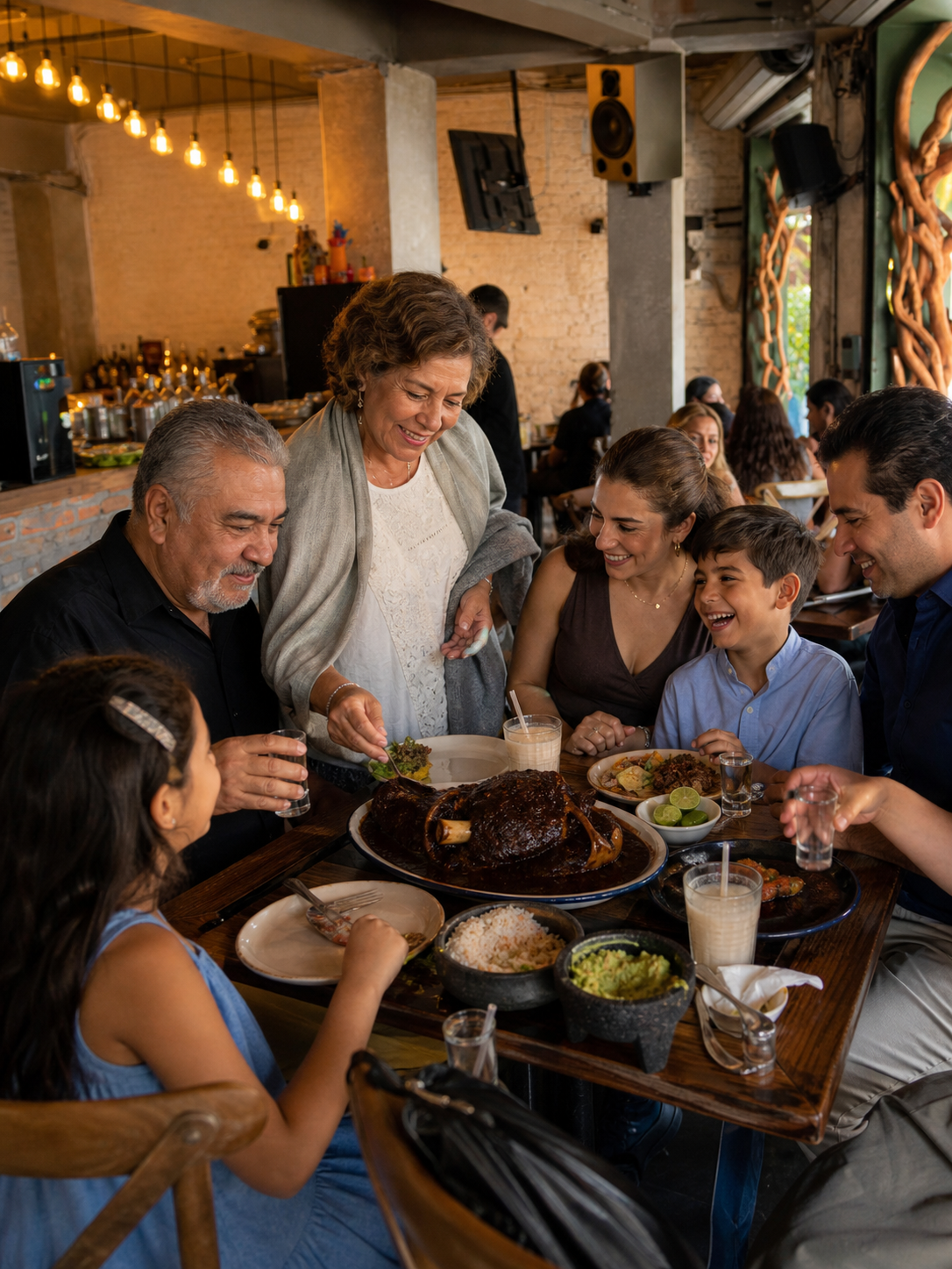 Familia mexicana disfrutando comida dominical con mariachi en Cantina La Llorona