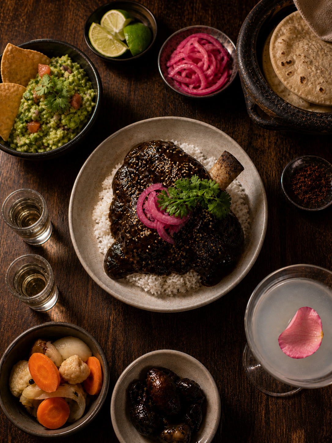 Mesa servida con chamorro, guacamole, mezcal y tortillas en La Llorona