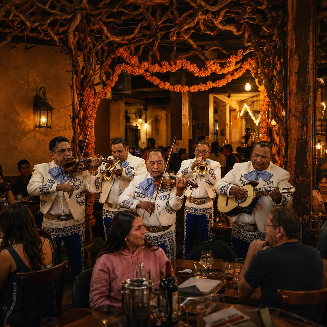 Mariachi en vivo tocando entre las mesas de Cantina La Llorona